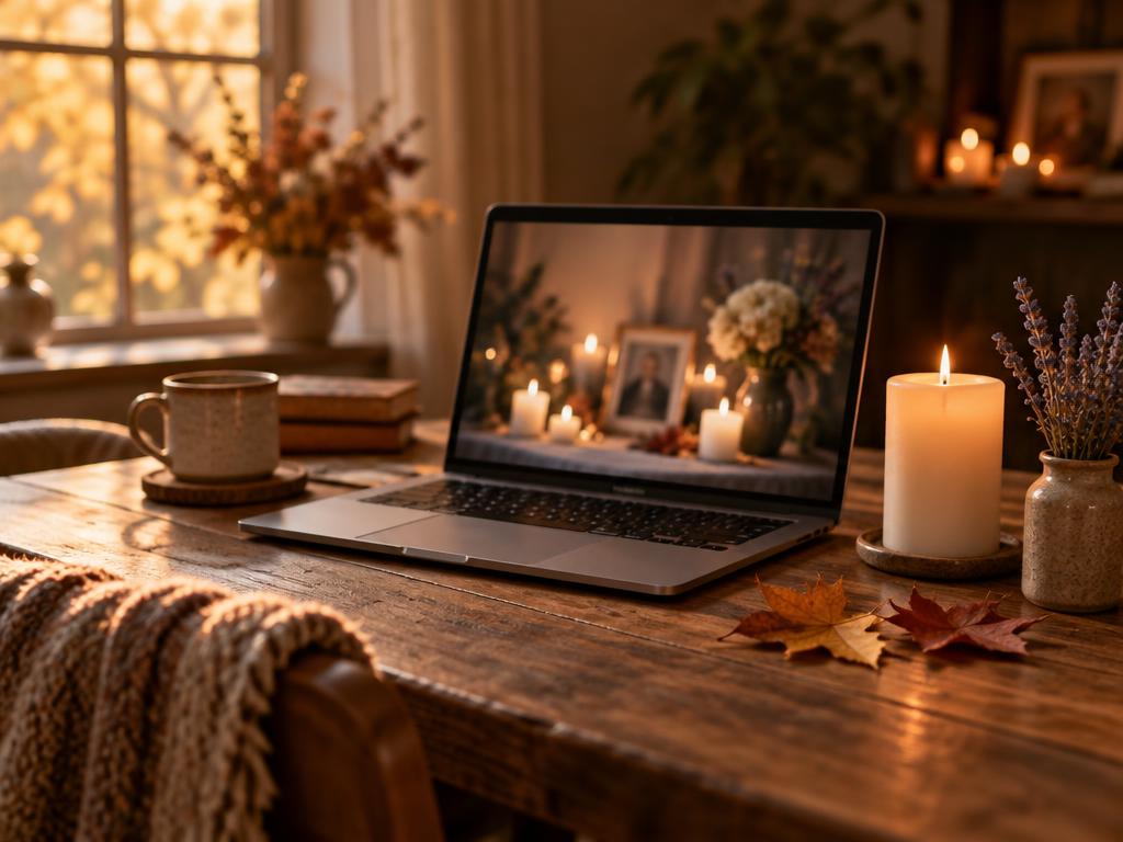 An open laptop on a wooden table beside a lit candle, its screen showing a candlelit memorial table